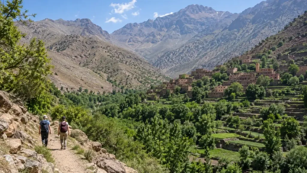 Hikers overlooking green terraces and an Amazigh village near Imlil in Morocco in June