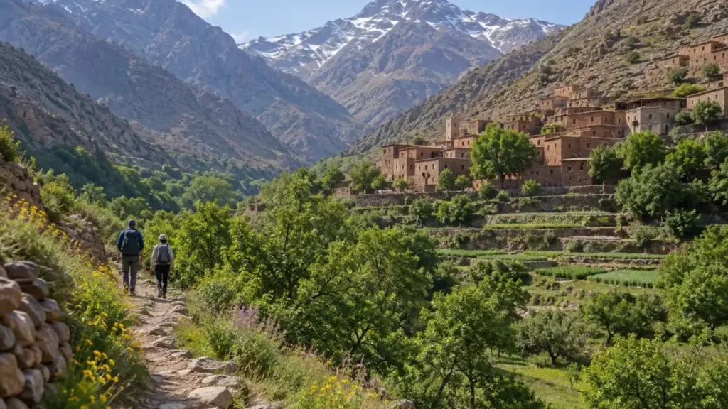 Hikers walking through green terraces near Imlil with late snow on the High Atlas in Morocco in May