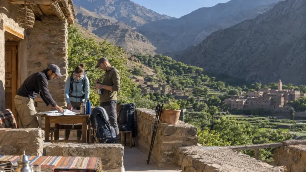 Mountain guide and hikers preparing for an early walk above the Imlil valley in August