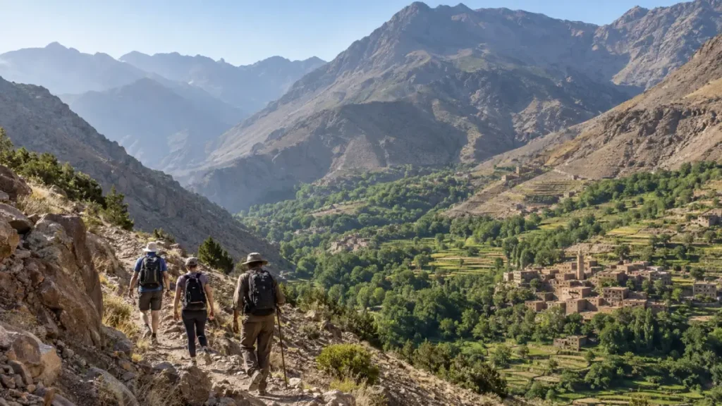 Hikers and a local mountain guide above the green Imlil valley iin Morocco in July