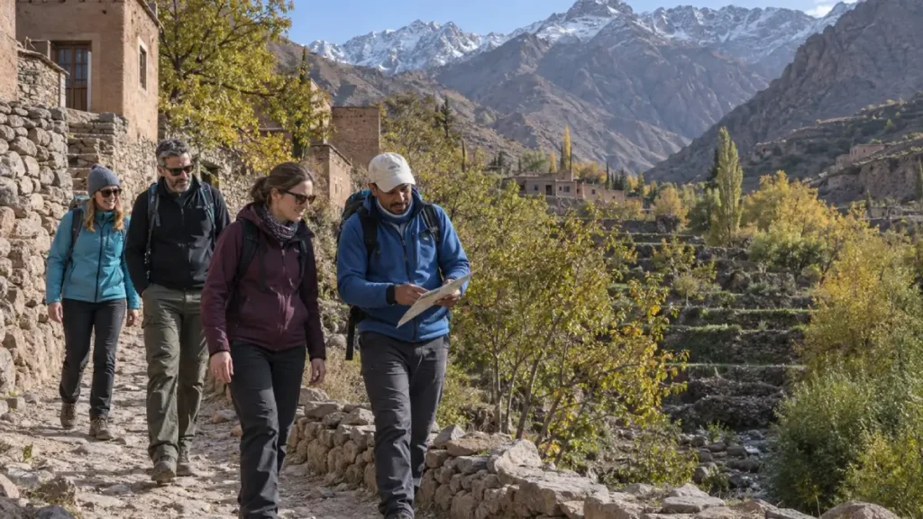 Hikers and a local mountain guide walking near Imlil with snow on the High Atlas peaks