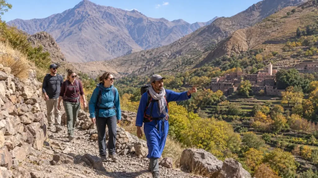 Hikers following a local mountain guide on a High Atlas trail near Imlil in October