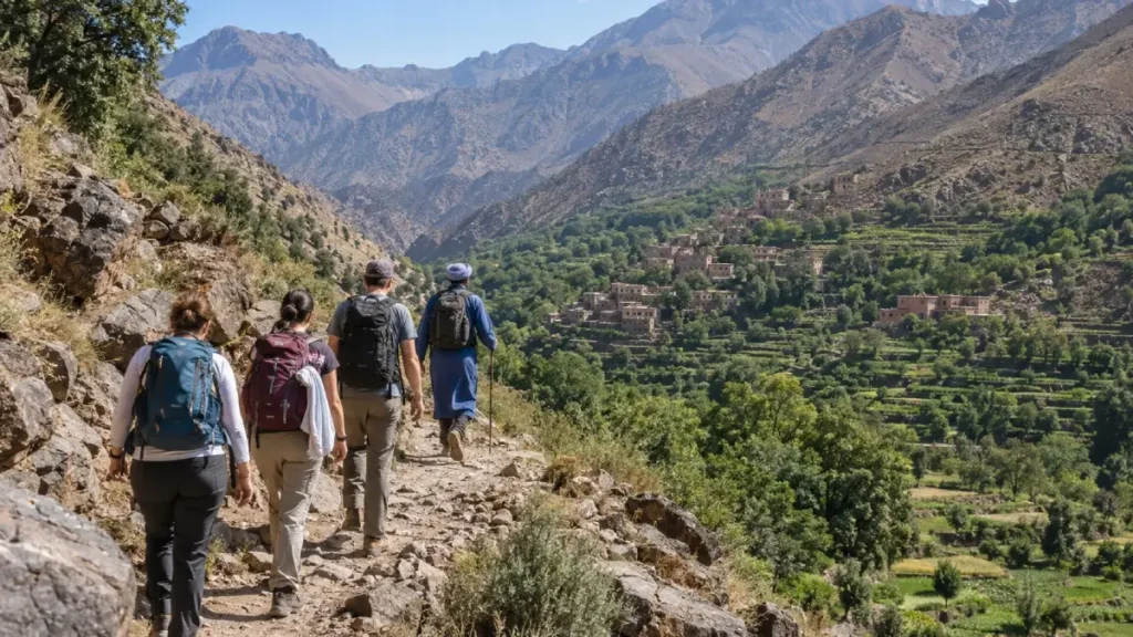 Hikers and a local mountain guide on a High Atlas trail near Imlil in September