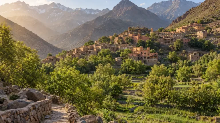 Imlil village surrounded by green terraces and High Atlas peaks in Morocco