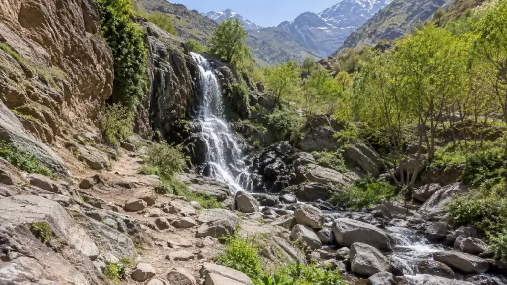 Rocky walking trail beside the Imlil Morocco waterfalls in the High Atlas Mountains