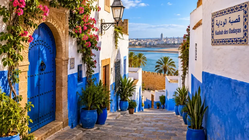 Blue and white streets of the Kasbah des Oudayas in Rabat Morocco