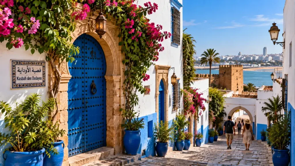 Blue and white lanes of the Kasbah des Oudayas in Rabat Morocco
