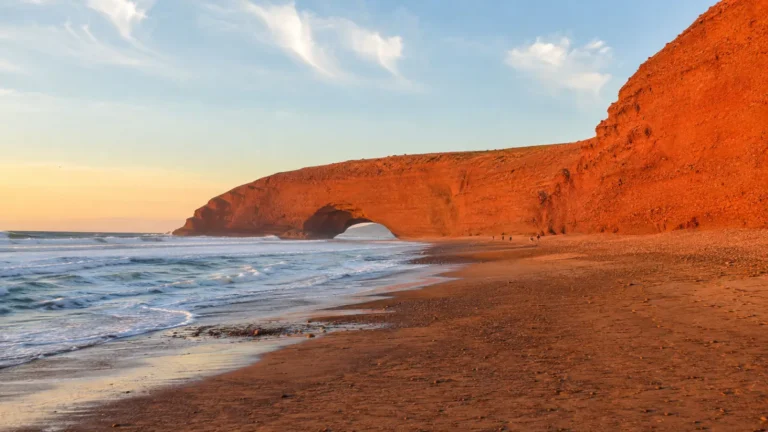 Remaining natural arch at Legzira Beach Morocco during sunset