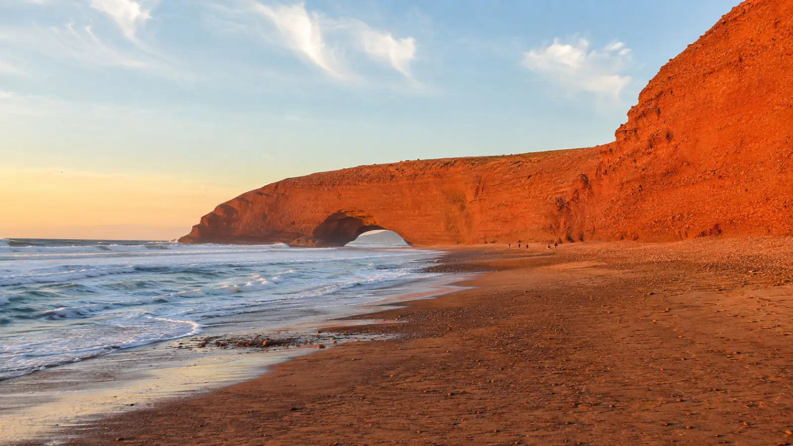 Remaining natural arch at Legzira Beach Morocco during sunset