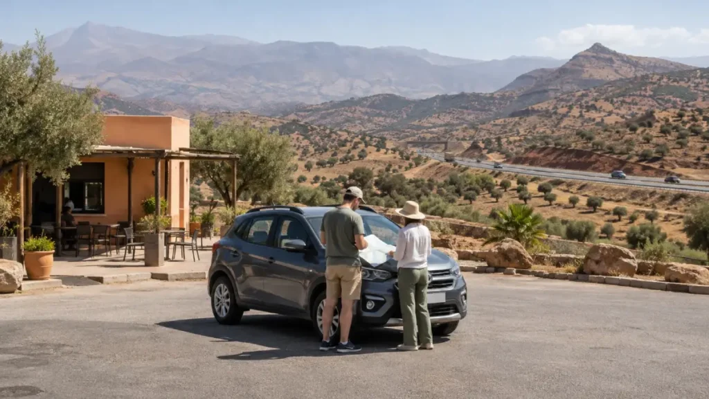 Travellers consulting a map beside their car between Marrakech and Agadir