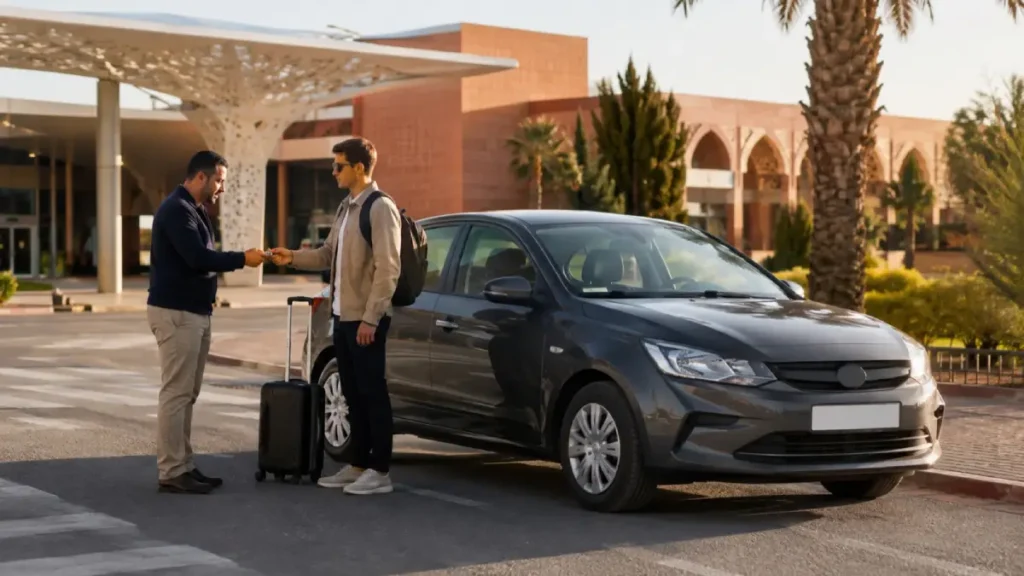 Traveler collecting a rental car outside Marrakech Airport