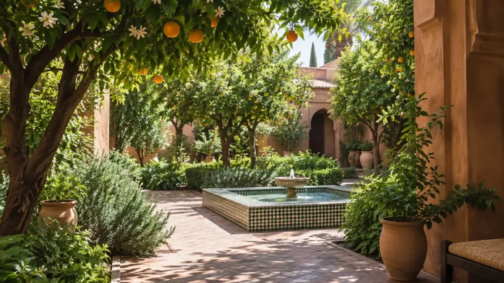 Orange trees and tiled fountain in a Marrakech garden during April