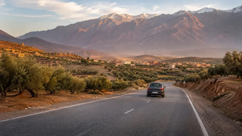 Rental car driving from Marrakech toward the High Atlas Mountains