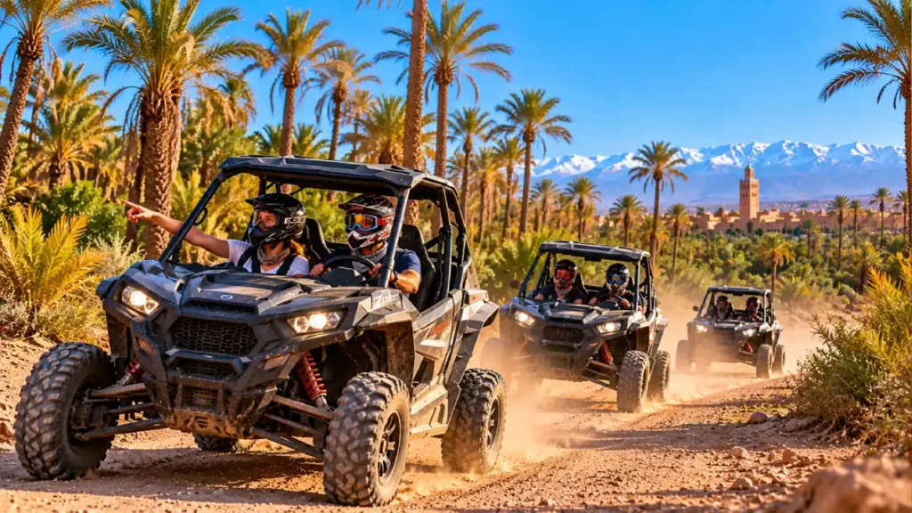 Travelers driving off-road buggies through the Marrakech Palmeraie with palm trees and Atlas Mountains