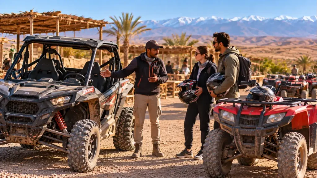 Travelers comparing an off-road buggy and quad bike near Marrakech with a local guide