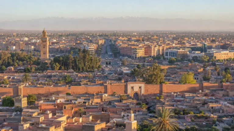 Elevated view of Marrakech Medina, city walls and modern districts