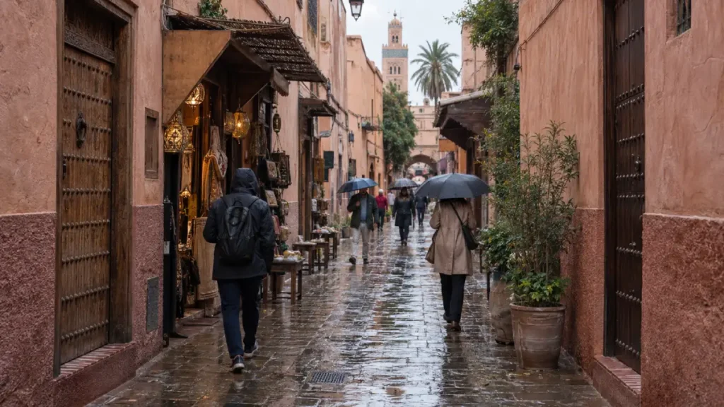 Pedestrians carrying umbrellas along a wet Marrakech Medina street in December