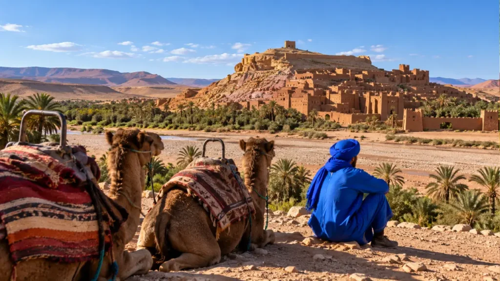 Camels and a local guide near Ait Ben Haddou on a desert route from Marrakech