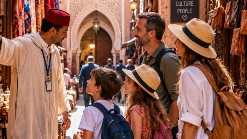 Family with children exploring Marrakech medina with a local guide