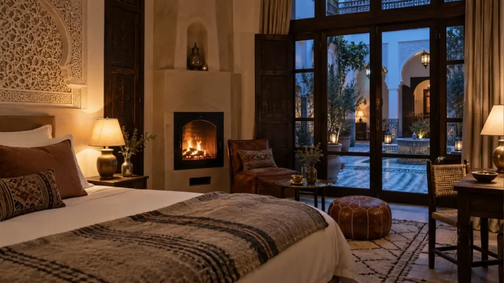 Warm Marrakech riad bedroom with a fireplace during a cool February evening