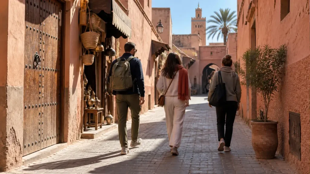 Travelers wearing layered clothing while walking through Marrakech Medina in February