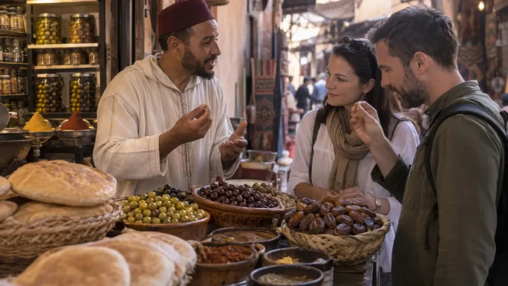 Marrakech food tour tasting olives and local foods in the Medina