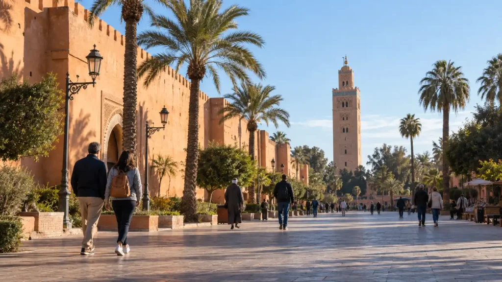 People wearing light jackets walking beside Marrakech Medina walls on a sunny December morning