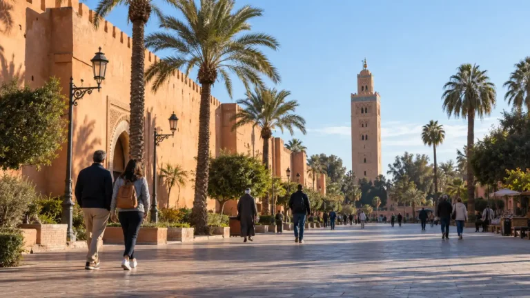 People wearing light jackets walking beside Marrakech Medina walls on a sunny December morning
