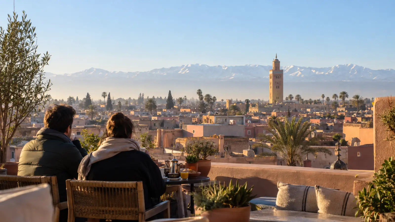 Travelers wearing warm layers on a Marrakech rooftop with snow-capped Atlas Mountains in February