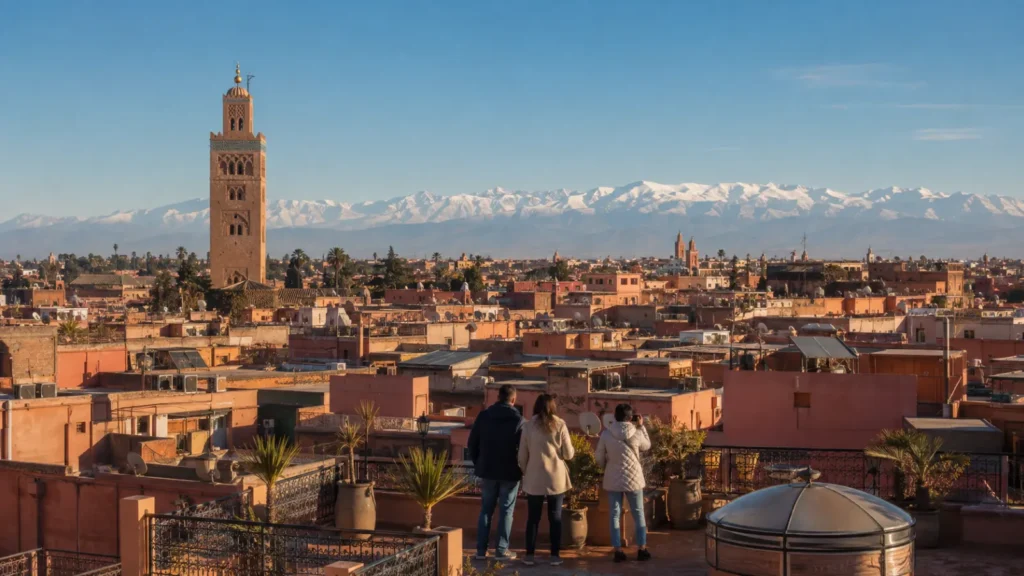 Visitors wearing winter jackets overlooking Marrakech Medina and the snow-covered Atlas Mountains