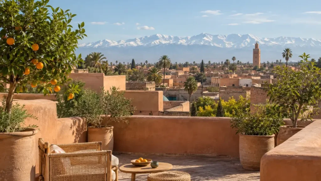 Marrakech rooftop with orange trees and snow-covered Atlas Mountains in March