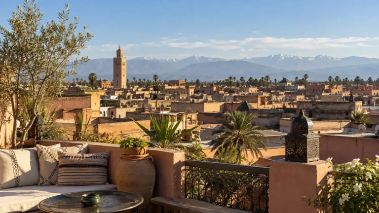 Rooftop view across Marrakech Medina toward the Atlas Mountains on a clear November afternoon
