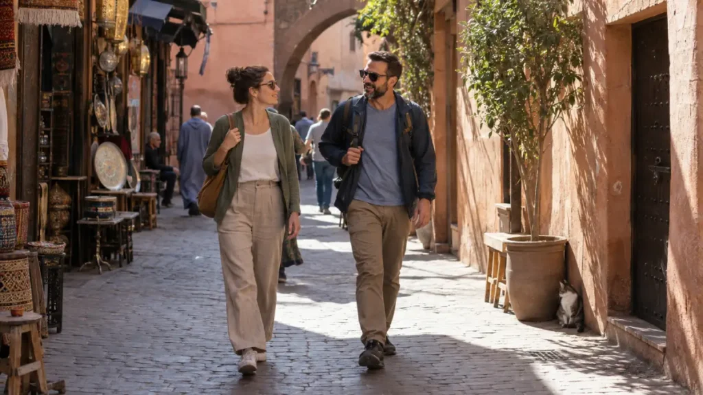 Travelers wearing light layers while walking through Marrakech Medina in November