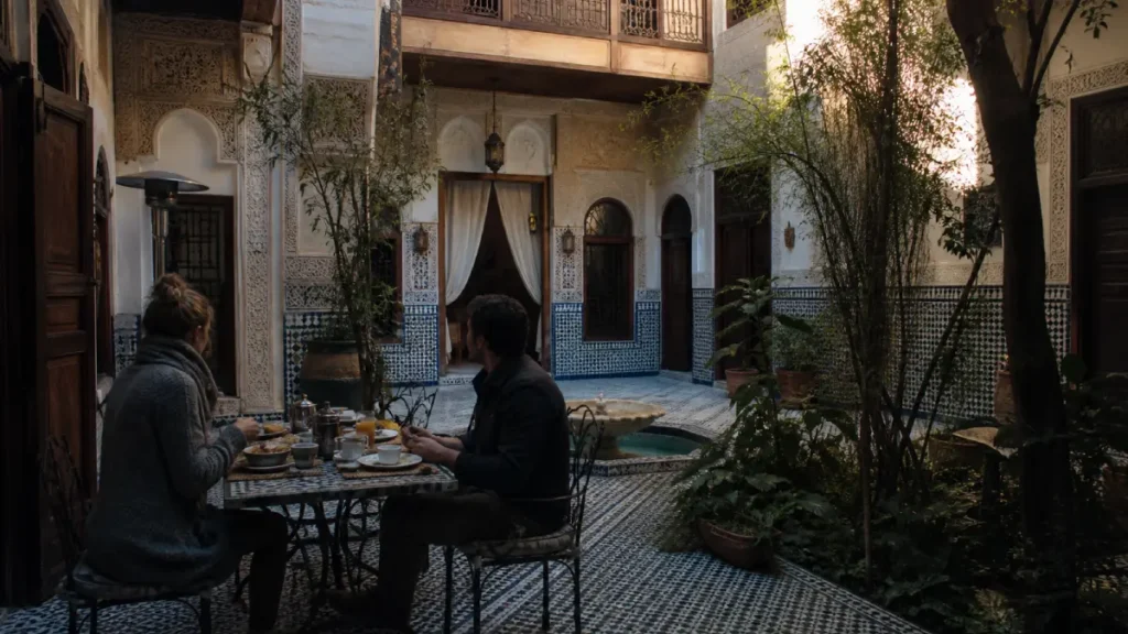Travelers wearing warm layers at breakfast in a Marrakech riad courtyard in January