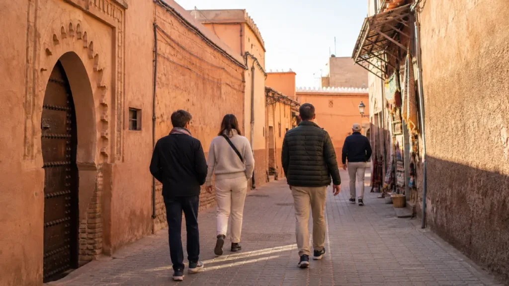 Travelers wearing jackets and layered clothing in Marrakech Medina during January
