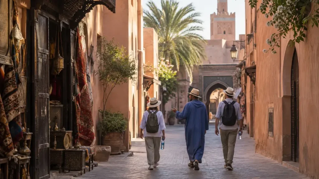 Travellers exploring the Marrakech medina with a guide early on a June morning