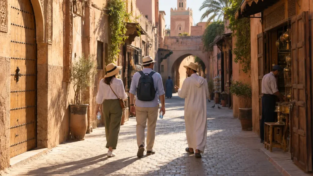 Travellers walking with a local guide through Marrakech medina early on an August morning