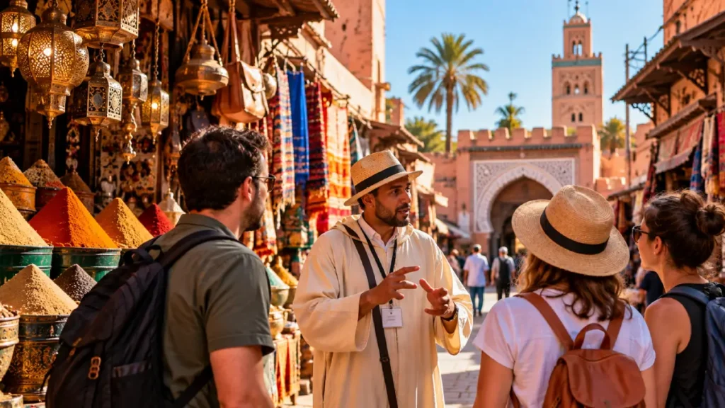 Licensed local guide leading visitors on a Marrakech Medina walking tour