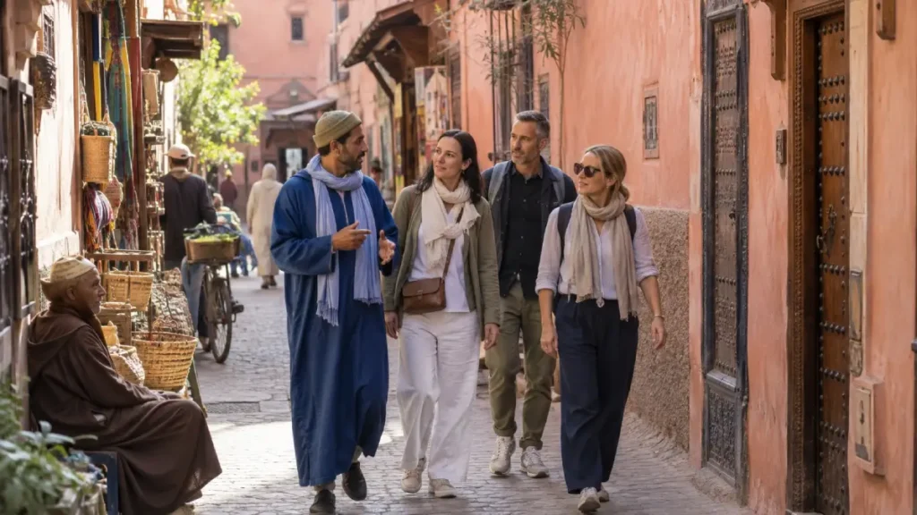 Travellers exploring the Marrakech medina with a local guide on an October morning