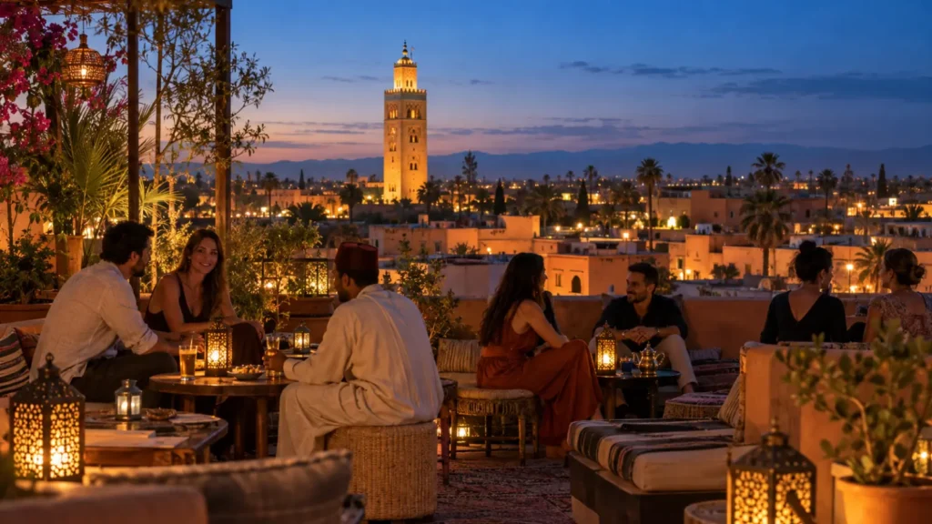 Marrakech rooftop at blue hour with guests, lanterns and the illuminated Koutoubia minaret