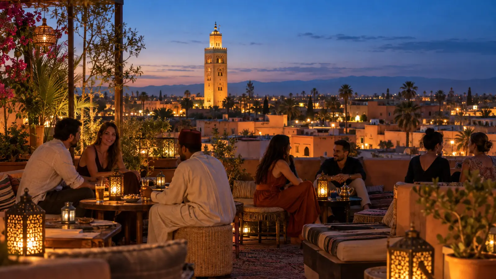 Marrakech rooftop at blue hour with guests, lanterns and the illuminated Koutoubia minaret