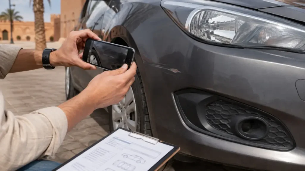 Traveler photographing a scratch during a Marrakech rental car inspection