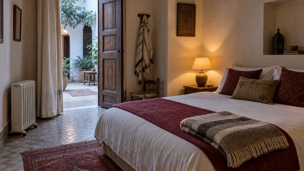 Traditional Marrakech riad bedroom with a radiator and extra blankets for December