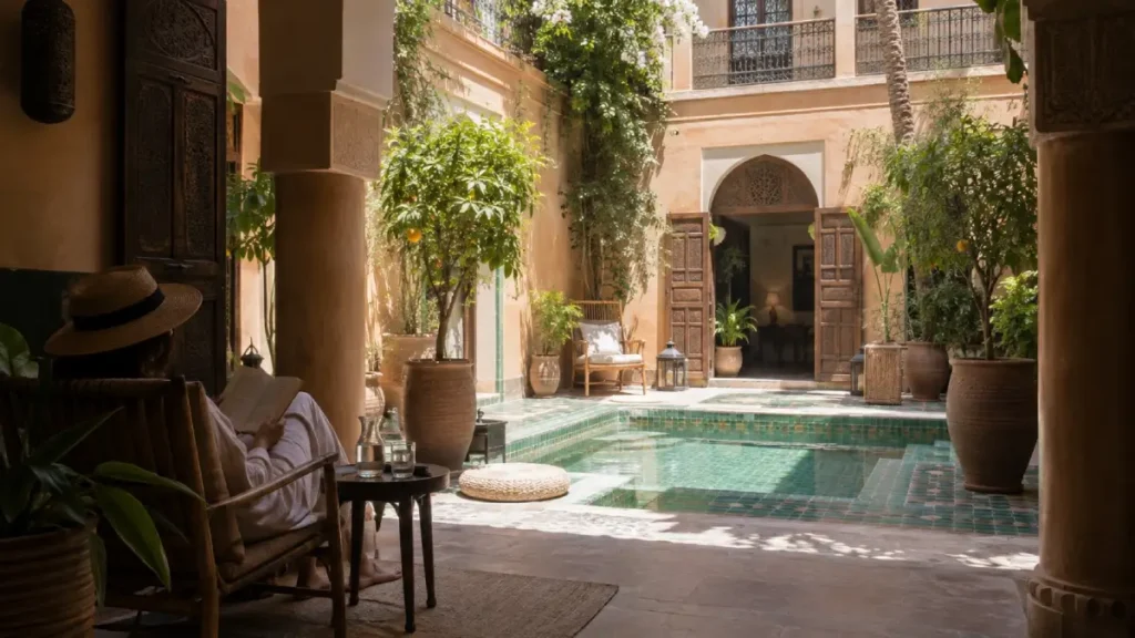 Traveller resting in the shade of a Marrakech riad courtyard during a hot July afternoon