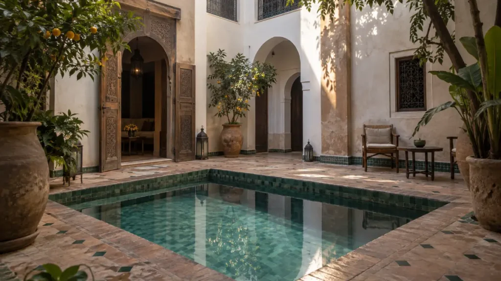 Traditional Marrakech riad courtyard and plunge pool in cool November morning light
