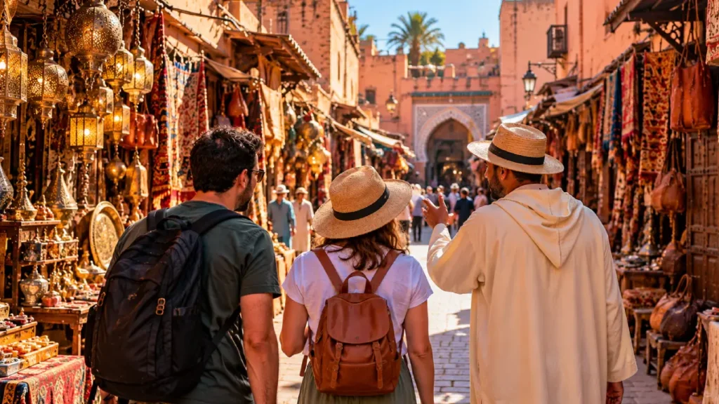 Local guide leading visitors through the souks on a Marrakech walking tour