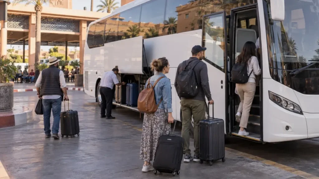 Passengers boarding an intercity coach in Marrakech for Agadir