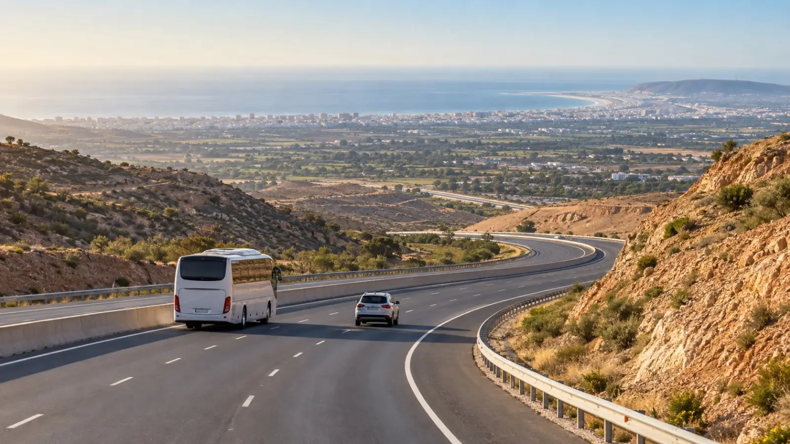 Coach and car travelling on the motorway toward Agadir and the Atlantic coast