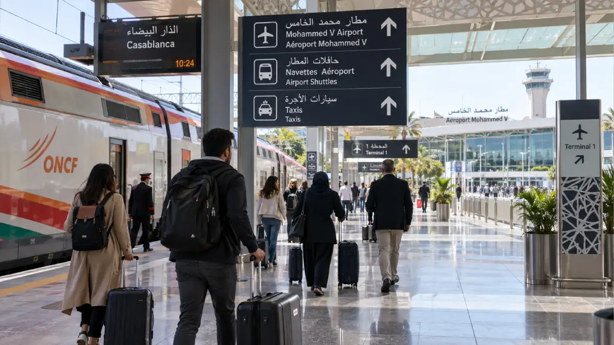 Travelers taking the train from Casablanca Mohammed V Airport toward Marrakech
