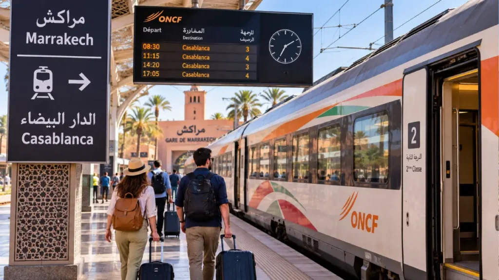 ONCF train at Marrakech railway station for travel to Casablanca